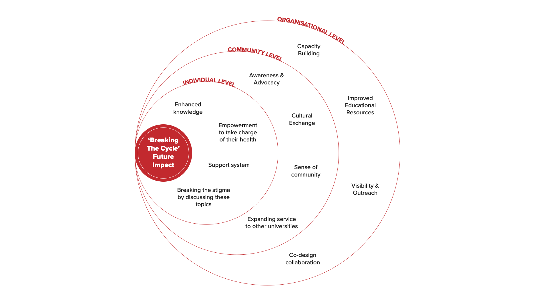 Concentric diagram of Breaking The Cycle's future impact across individual, community and organisational levels