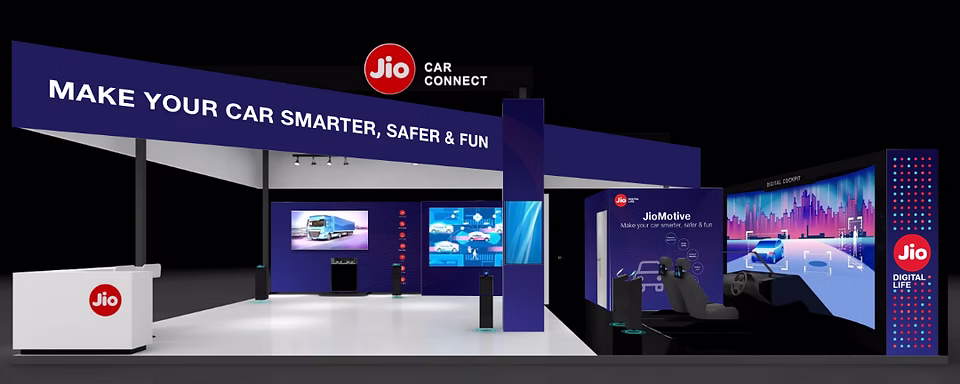 Concept render of the JioMotive Auto Expo stall, red and navy signage