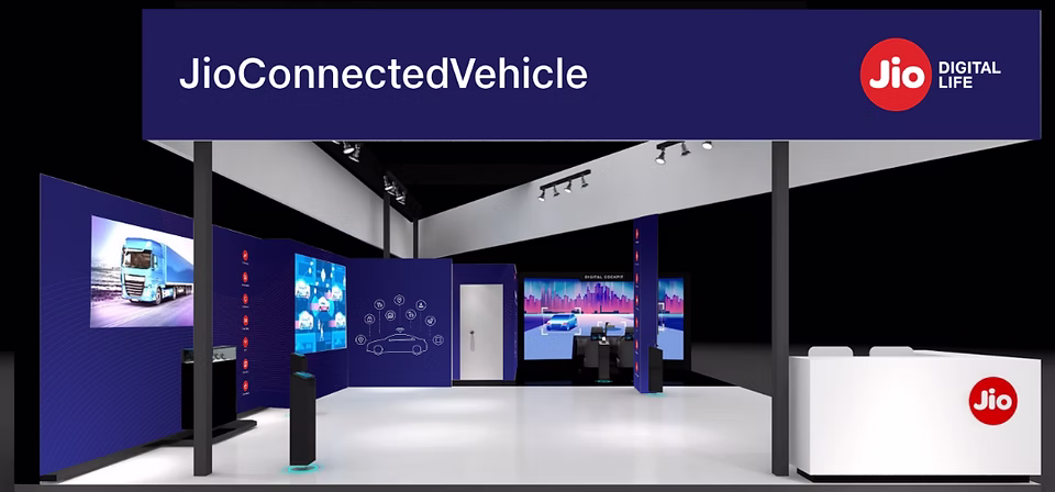 Concept render of the JioMotive Auto Expo stall, JioConnectedVehicle signage