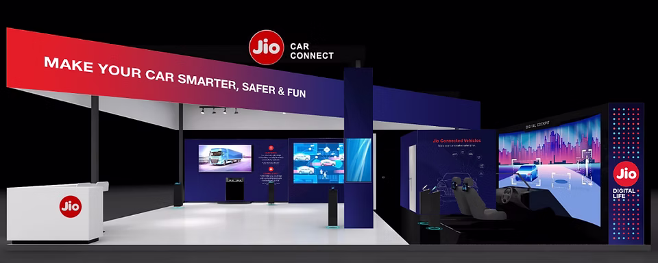 Concept render of the JioMotive Auto Expo stall, alternate signage layout