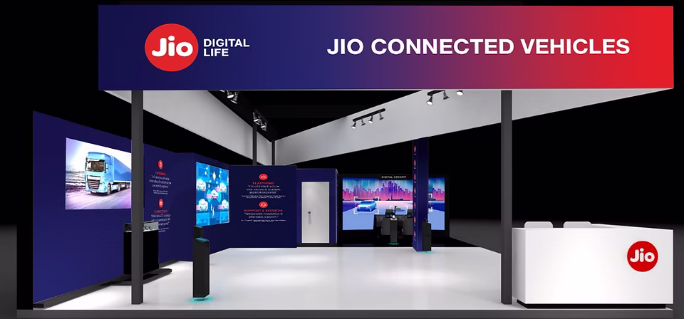 Concept render of the JioMotive Auto Expo stall, Jio Connected Vehicles signage