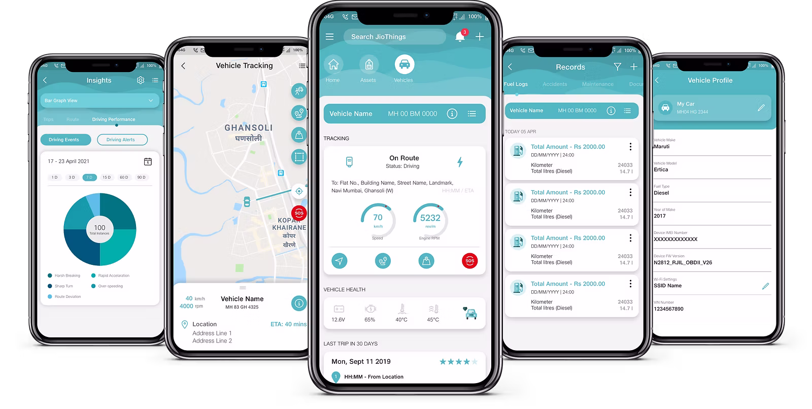 JioThings app screens: insights, vehicle tracking, records and vehicle profile