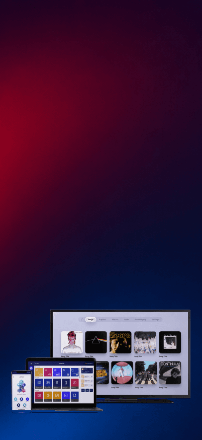 JioHome apps shown across phone, TV and web, dark gradient background