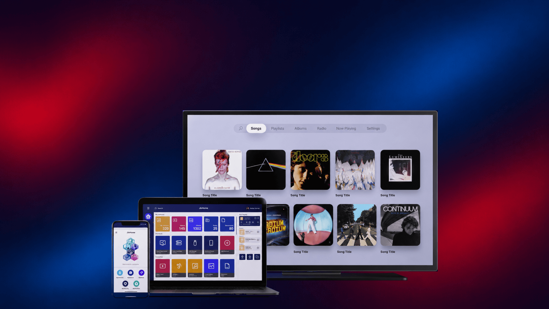 JioHome apps shown across phone, TV and web, dark gradient background