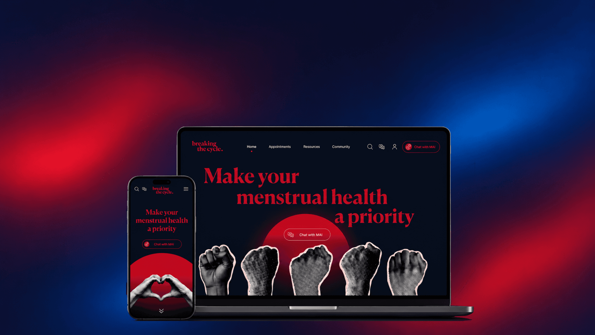 Breaking The Cycle website shown on laptop and phone, red and navy gradient background