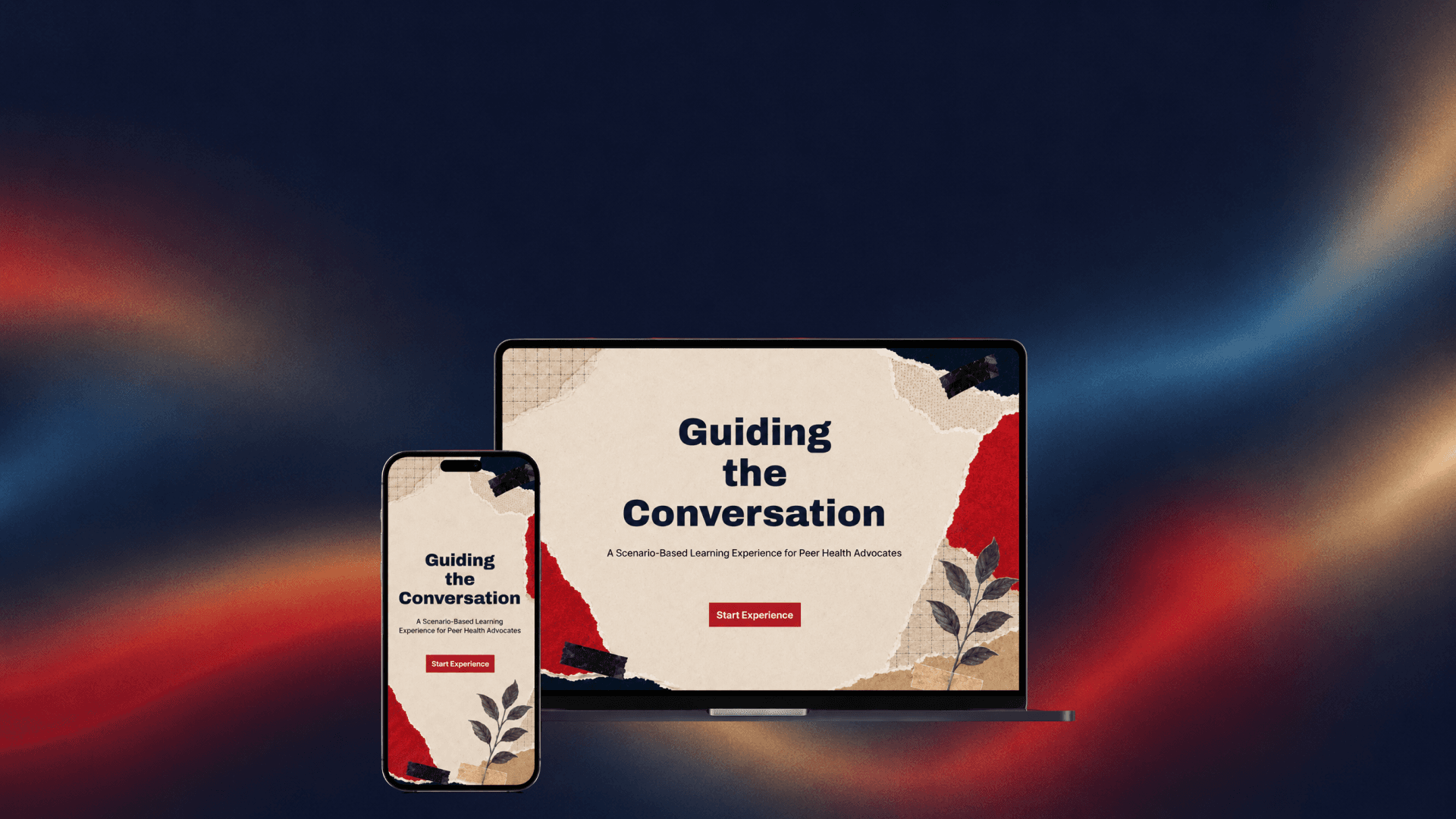 Guiding The Conversation learning experience, warm red and cream torn-paper background