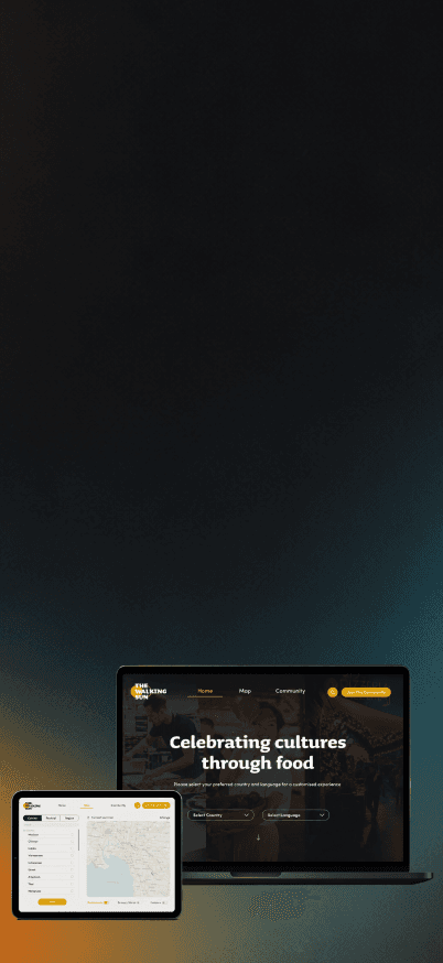 The Walking Sun platform shown on laptop and tablet, over a warm gradient background
